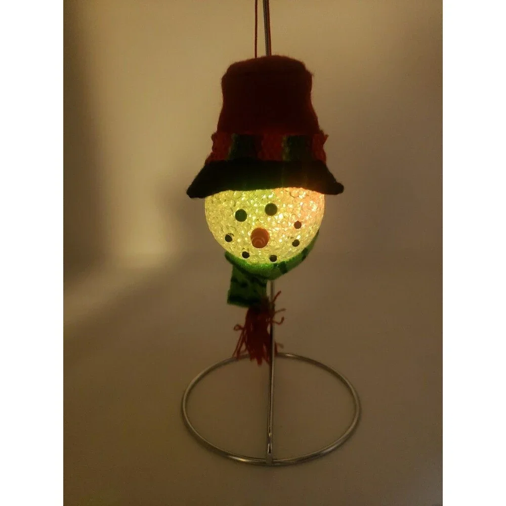 Melted Popcorn Snowman Head Ornament Light Up LED Color Changing Plastic Acrylic